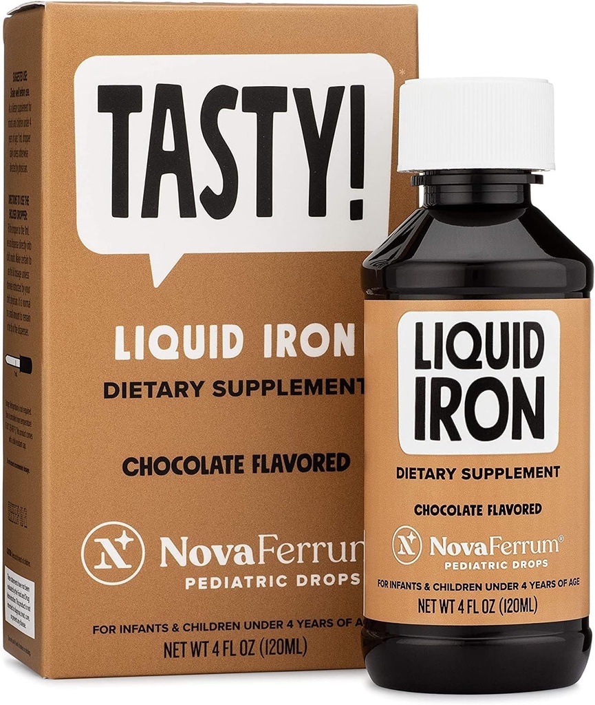 NovaFerrum Tasty | Pediatriske dråper flytende jerntilskudd for spedbarn, Todlere og barn | 15 mg jern per 1 ml dose | Alder 4 & under | Glutenfri | Sukkerfri | Sjokoladeflavorert | 120 Serveringer
