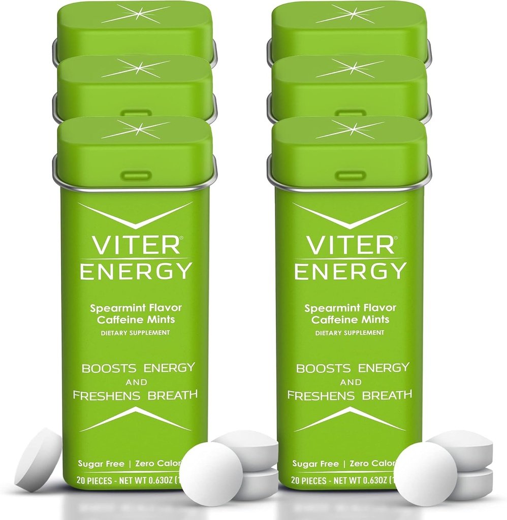 Viter energi 40mg Koffeinmynter - Sukkerfri, B-vitaminer, Vegan, Boosts Fast Energized Alert Focus, Koffeinert Nootropic Supplement piller (Spearmint Flavor, 20mcs, 6 Pack, 120mcs Total)