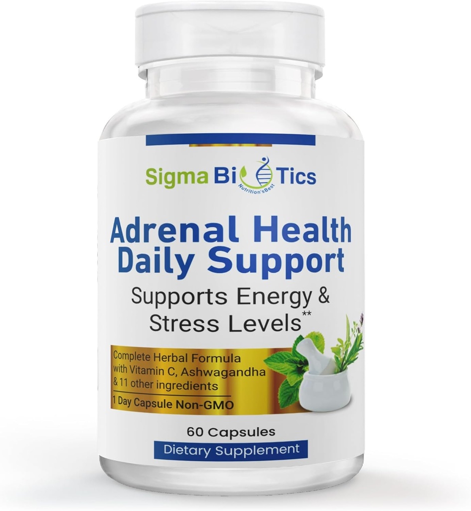Sigma Biotics Adrenal Health Daily Support - Adrenal støtte Supplement med Adaptogene urter, vitaminer og aminosyrer - Ikke-GMO Adrenal Complex for energi og vitalitet - 60 Kapsler