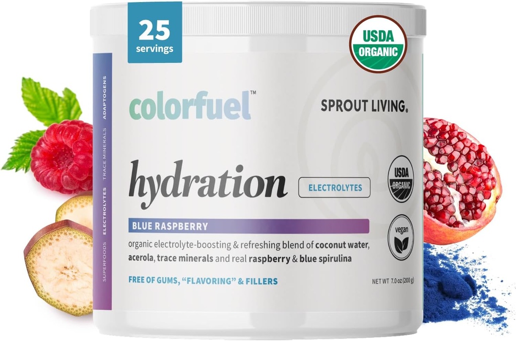 Sprout Living, Fargedrivstoff Hydration Powder Drink Blande, Organiske Superfoods + Adaptogens |  Hydra  Hydra  Hydra Recovery, Electrolytes, Himalayan Pink Salt, Blå Spirulina, Blå bringebær Flavor (25 Serveringer)