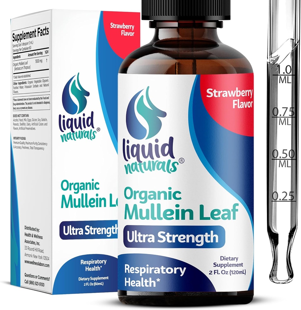 Mullein Drops for Lungs, 2 Fl. Oz, Mullein Leaf Ekstrakt for Lungs Strawberry Flavor, Mullien Lung Detox og Cleanse, Mullen Tinktur Support for sunn anding