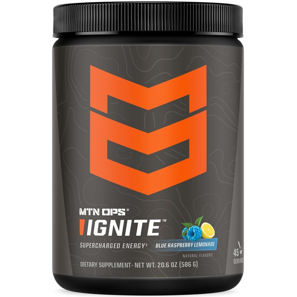 MTN OPS Ignite Energi Drikkepulver, Glutenfri Nootropic Supplement Drikk Blande, L Arginine, L Citrulline, Koffein & Nootropic Sukker Gratis Drikkeblanding, 45 Serverer, Blå bringebær Lemonade