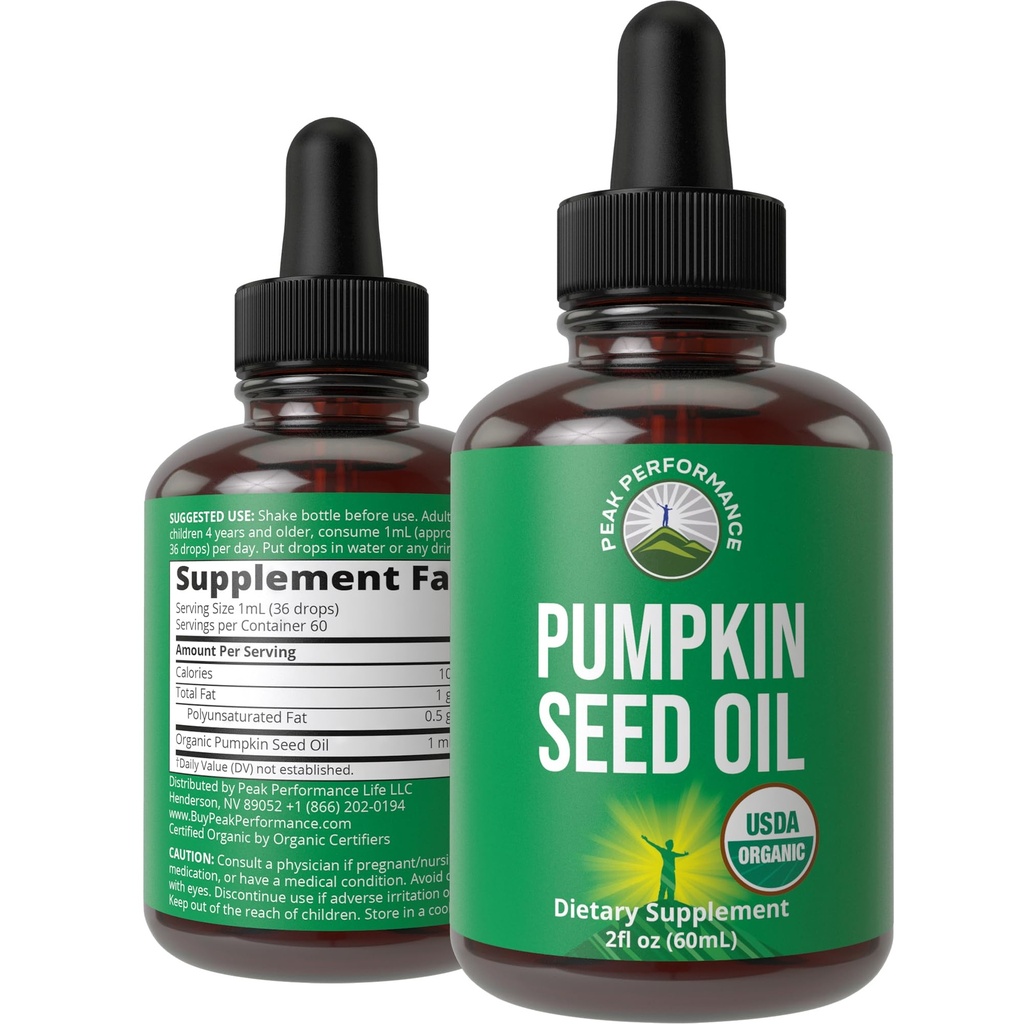 Pumpkin Seed Oil. USDA organisk vegansk flytende dråper ekstrakt for kvinner og menn. Supplement for hårvekst, hud helse, UT, prostata støtte. Null sukker, glutenfri. Ta oralt ingen kapsler