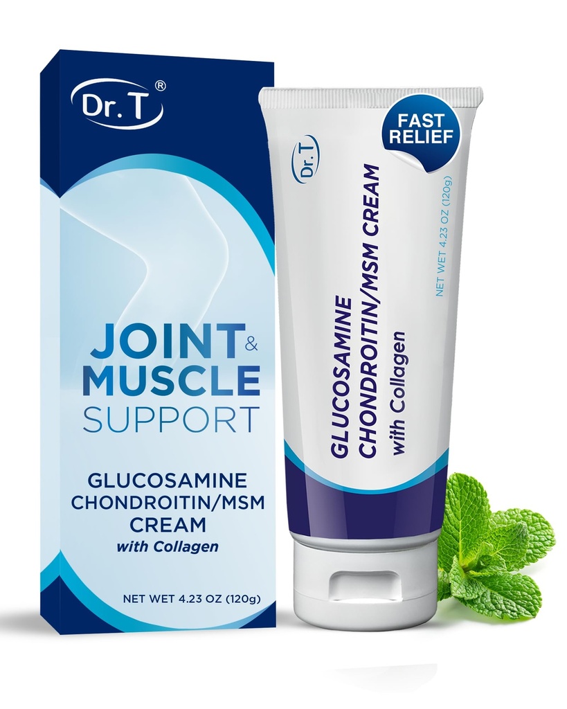 Dr. T Glucosamine Chondroitin Cream - Premium formel med MSM og kollagen for ledd og muskler Discomfort - opprettholder felles styrke, fleksibilitet og muskel mobilitet - 4,23 oz / 120 g (1 pakke)