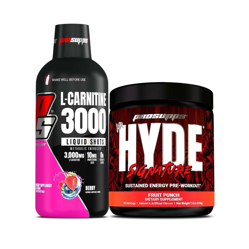 PROSUPPS L-karnitin 3000 stimulant gratis flytende skudd (Berry) og Mr. Hyde Signature Series Pre-Workout Energi pulverisert drikke (Fruit Punch) Bundle