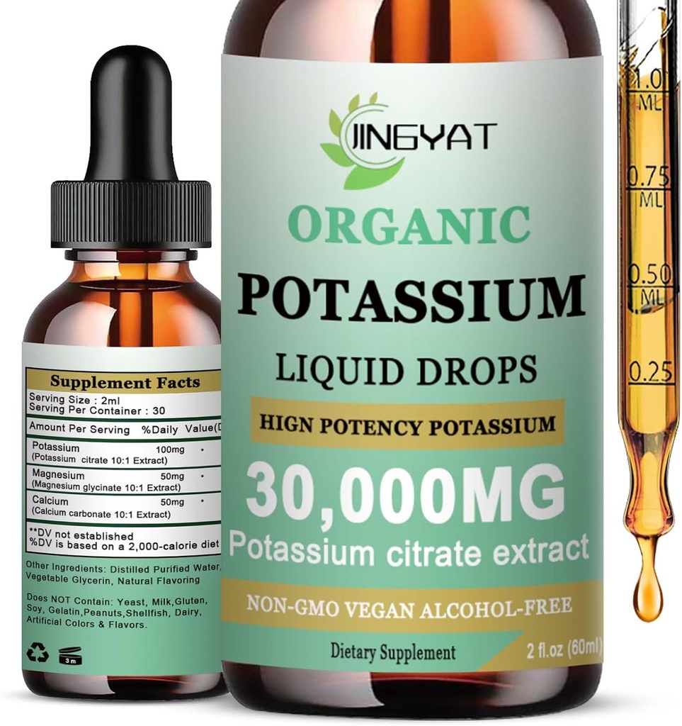Kalium Magnesium flytende dråper - Økologisk væske Supplement - høy absorpsjon Kalium Citrat 1000 mg Magnesium Glykinat 500 mg Kalsium for hjerte,Leg Cramps & Muscle - Non-GMO, Vegan, 2 oz