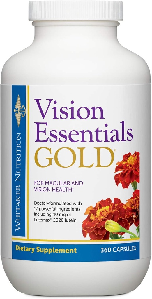 Dr. Whitaker Vision Essentials Gold - Eye Health Supplement med 40 mg Lutein Plus Vitamin A & Zeaxanthin - støtter Macular helse og skjermer øyne mot blått lys eksponering (360 kapsler)