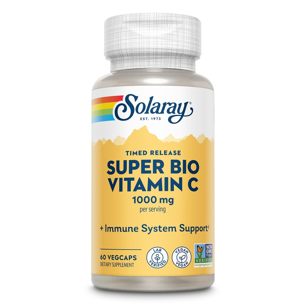 SOLARAY Super Bio Buffered Vitamin C 1000mg, To-Stage, Timed Release Vitamin C med Bioflavonoider, Immun Support Supplement - høy absorpsjon, Vegansk, 60-dagers garanti, 30 Serveringer, 60 VegCaps