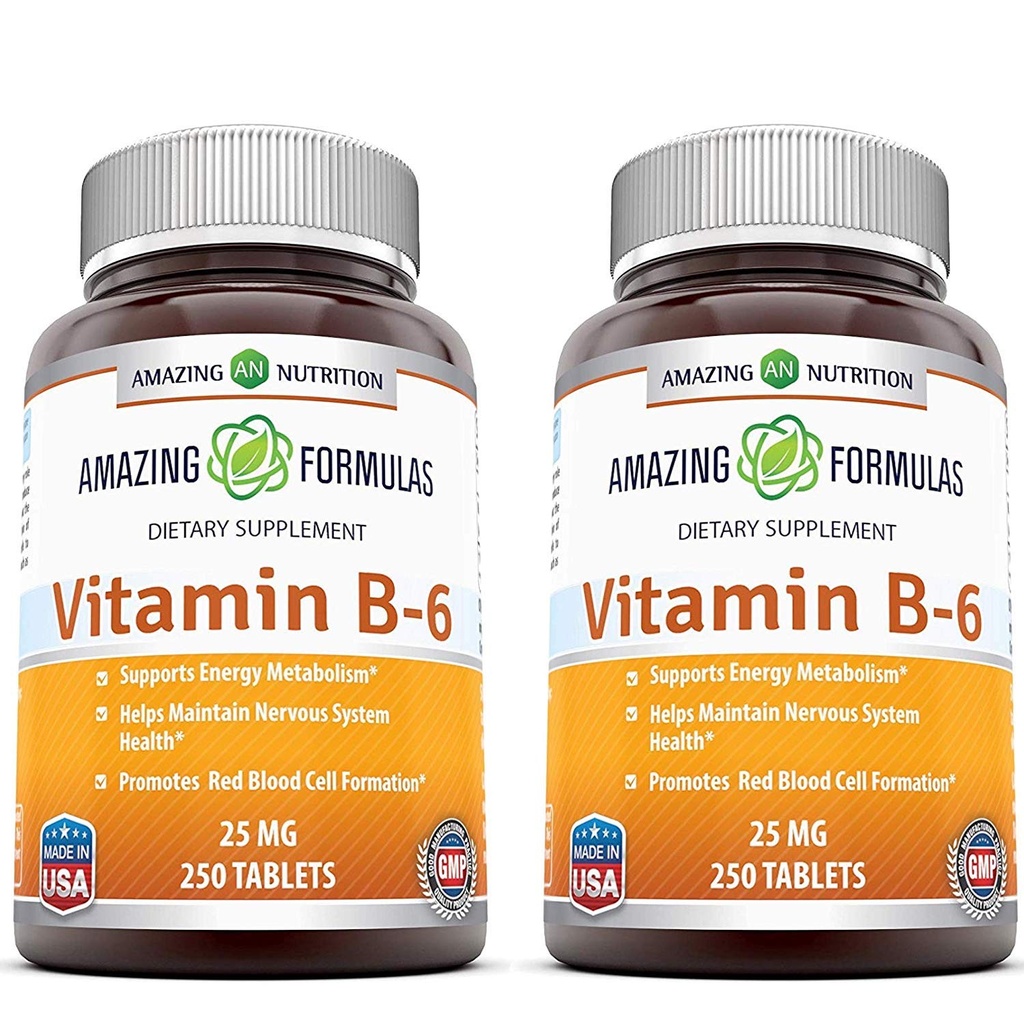 Amazing Formler Vitamin B6 Pyridoxin 25mg 250 tabletter Supplement | Ikke-GMO | Glutenfri | laget i USA (2 Pack)