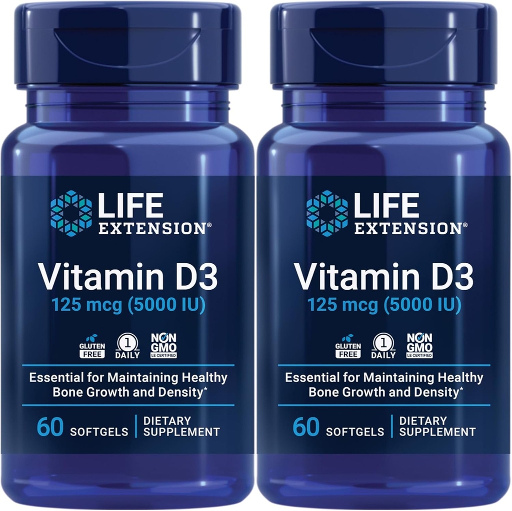 Livsforlengelse Vitamin D3 125 Mcg (5000 Iu) – fremmer beinhelse, hjernehelse og immunfunksjon – ikke-GMO – Glutenfri – To pakker – 2 x 60 Softgels