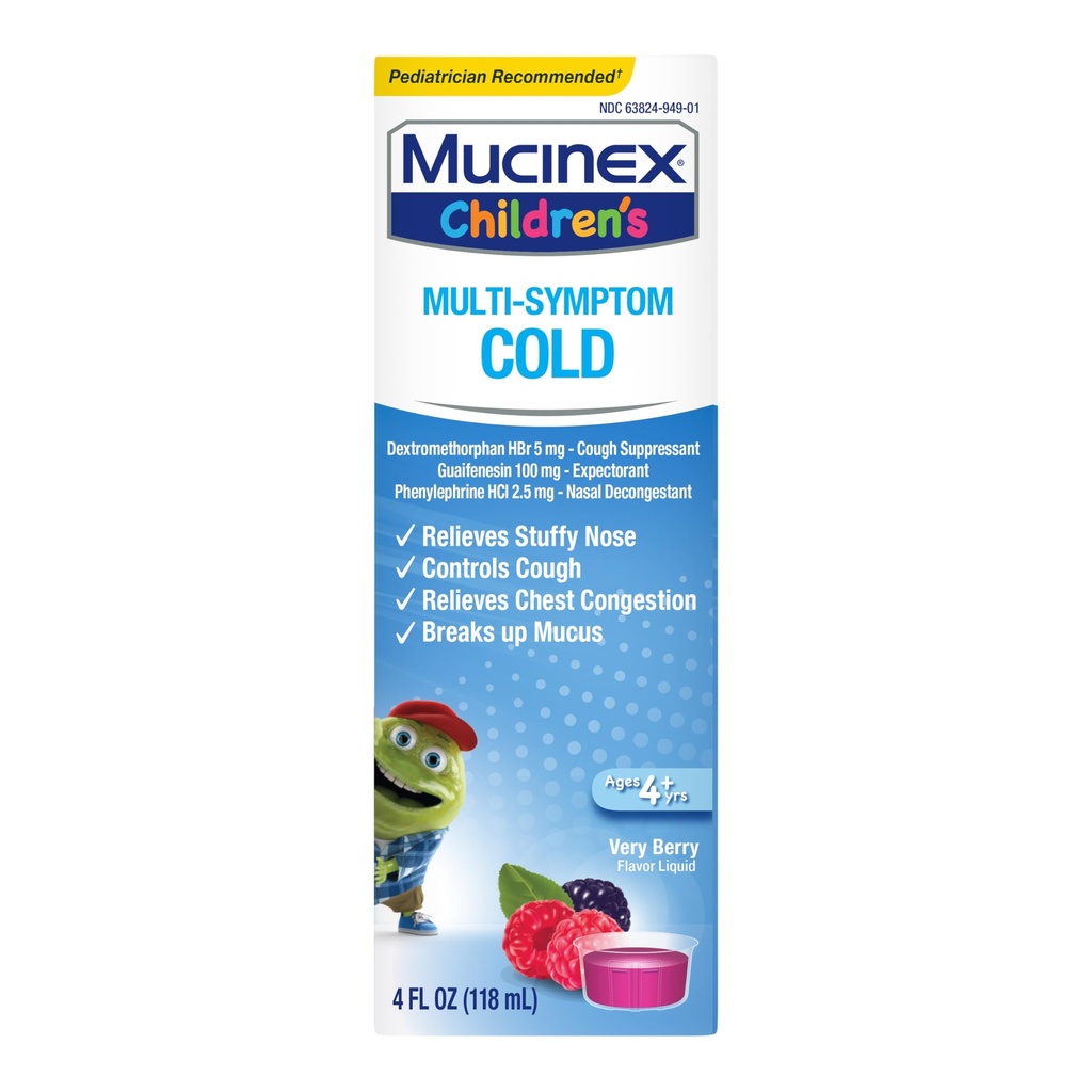 Mucinex Children's Multi-Symptom Cold Relief Liquid-Lelieves Stuffy Nese, Chest Congestion, Cough & Mucus, Forventende & Cough Supresentant med Dextromethorphan, Guaifenesin, Phenylephrin, 4 oz.