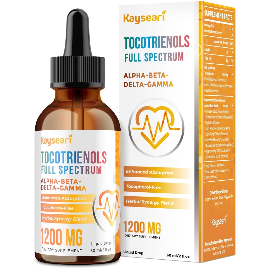 Fullspektrum av tokotrienoler Supplement 1200 mg-tokotrienol vitamin E væske,tokoferol-fri - Superior antioksidant blanding - høyere absorpsjon - 2 fl oz,30 Serveringer
