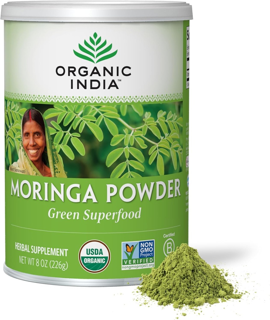 ORGANIC INDIA Moringa pulver - Moringa Oleifera Leaf Herbal Supplement, Grønn Superfood, Nærende Dense, Ren planteprotein, vitamin A, E, K, jern, kalsium, Fiber, Vegan, USDA-sertifisert organisk - 8 oz
