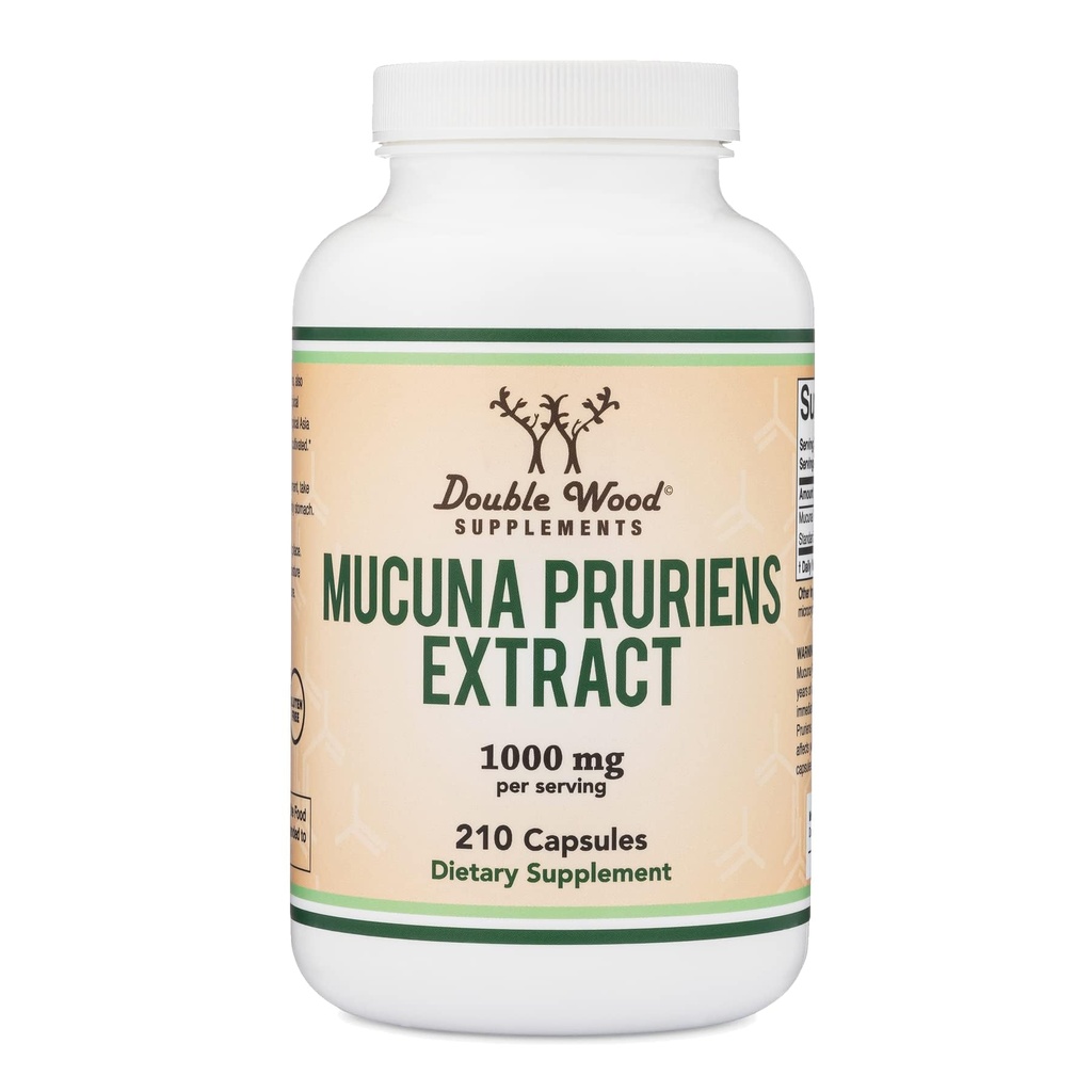 Mucuna Pruriens Extract Capsules - Dopamine Boosting Supplement - 210 greve, 1000mg Per Serving, 20% (fra Velvet Bean) (for Mood and Motivation Support) Tredjepart testet av Double Wood