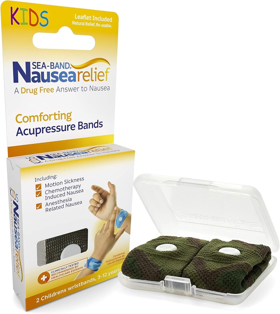 Sea-Band Anti-Nausea Acupressure Wristband for bevegelse og morgen sykhet, barn, 1 par Camouflage