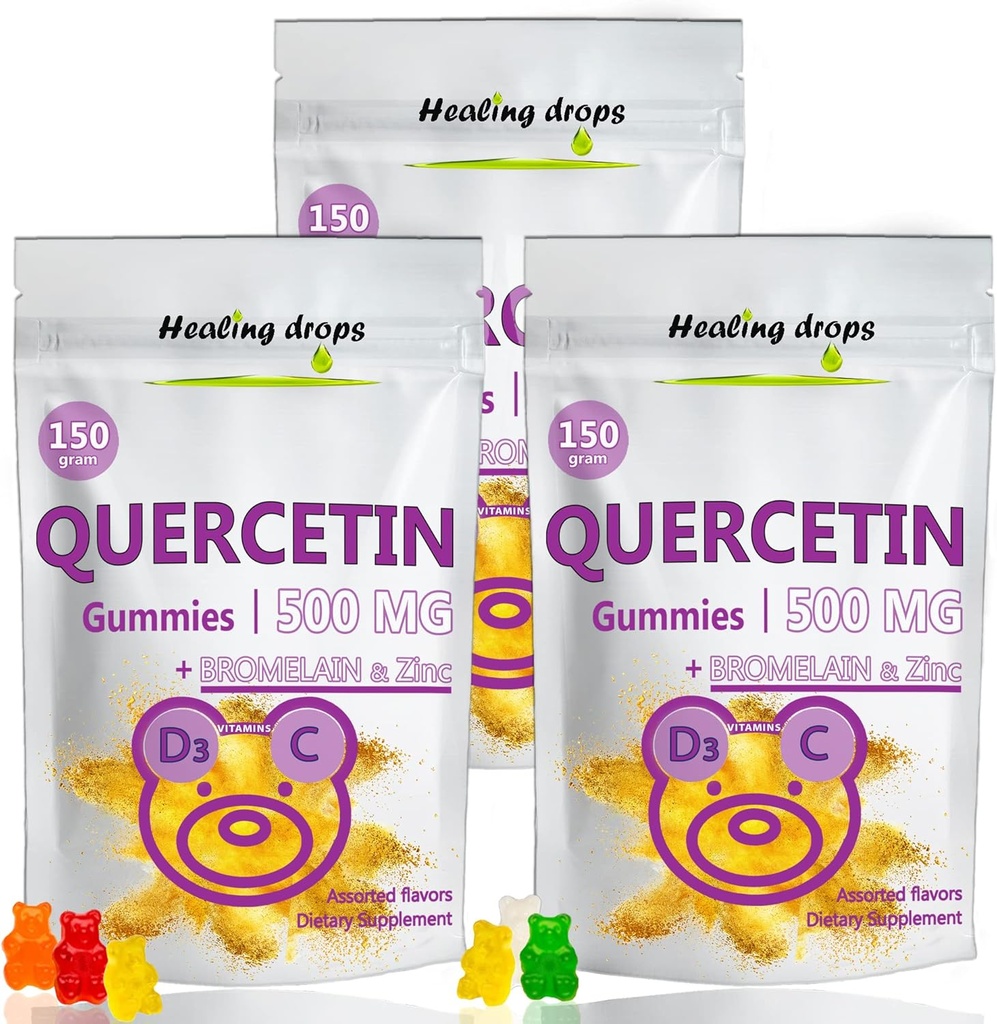 Quercetin med Bromelain Gummies - Vitamin C + Zink + vitamin D3 - Quercetin 500mg Gummies for barn og voksne (3 pakker)