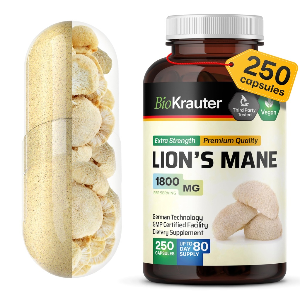 BIO KRAUTER Lions Mane Supplement Kapsler 1800 mg - 250 greve - Vegansk Lions Mane pulver Supplement for brain support - 3 måneders forsyning - Ingen fyllstoffer