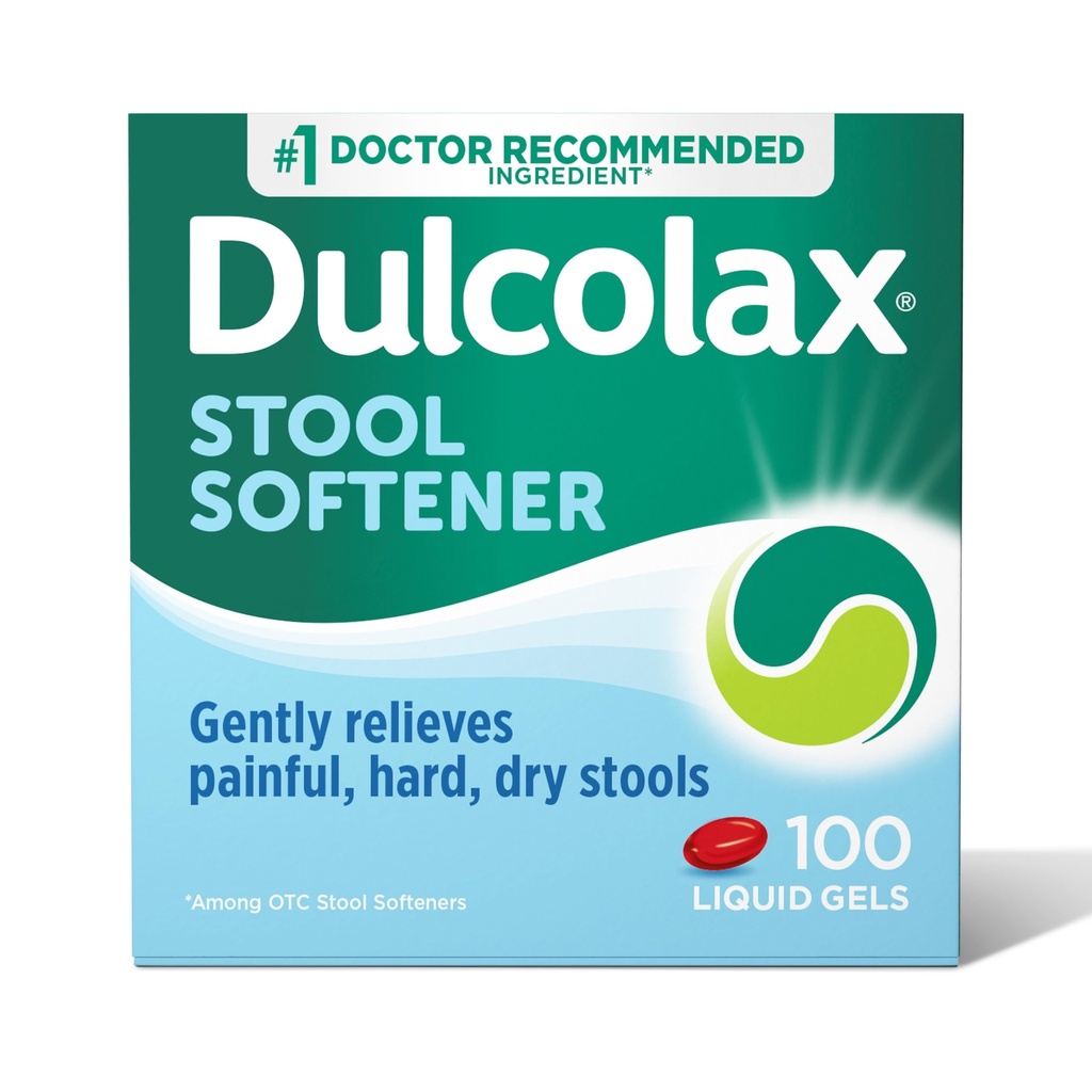 Dulcolax Stool Softener Laxative flytende Gel Kapsler, Gentle Hydrogen relief for harde, tørre verktøy, Dokusat Natrium 100 mg, 100 Antall