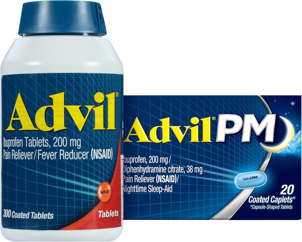 Advil Pain Relief and Fever Reduser, Ibuprofen 200mg for smertelindring - 300mg, Advil PM Pain Relief and Nighttime Sleep Aid, Ibuprofen for smertelindring og difenhydramincitrat - 20 greve