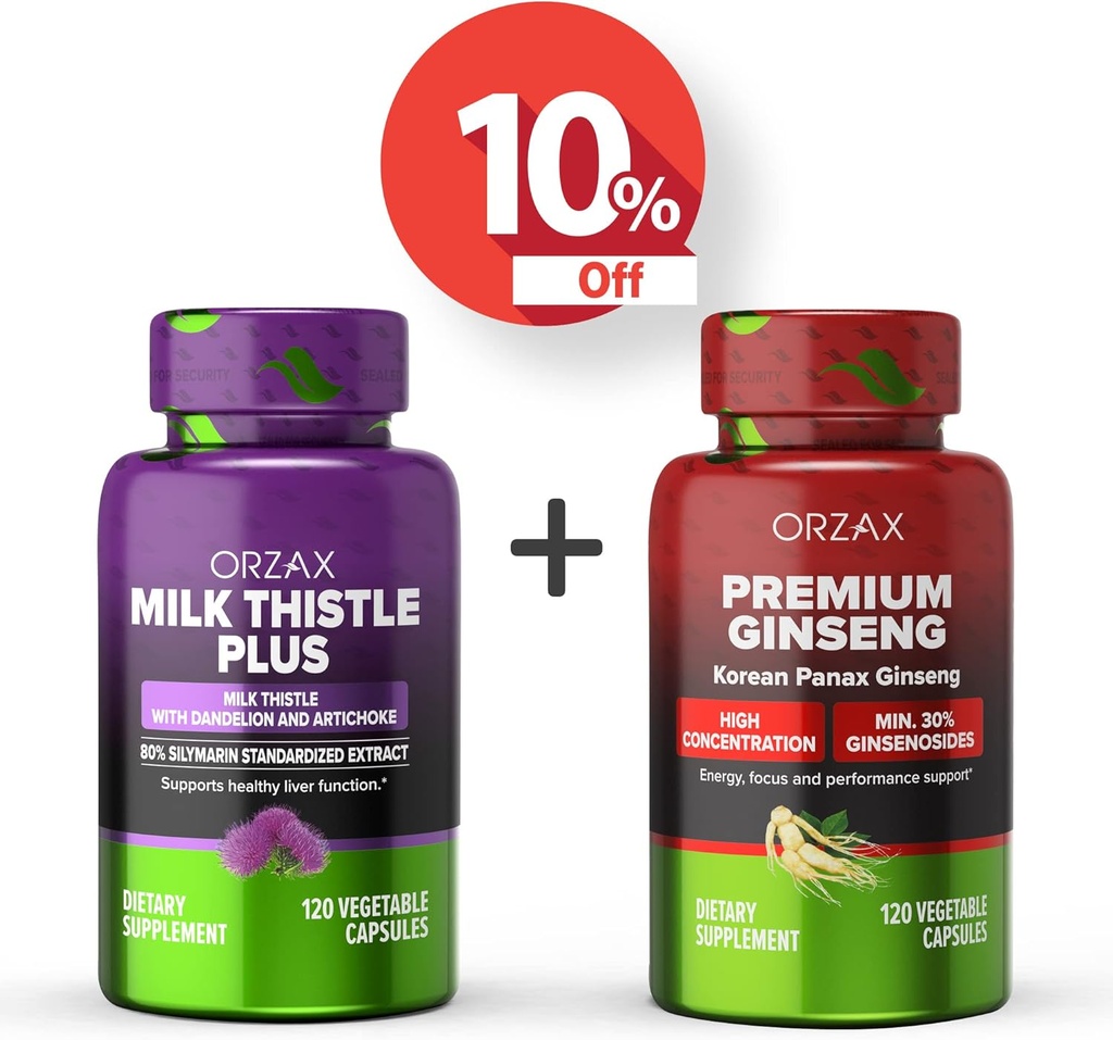 ORZAX Melke Thistle Plus 120 Vegatable kapsler og Premium Ginseng 120 Vegatable kapsler, Bundle