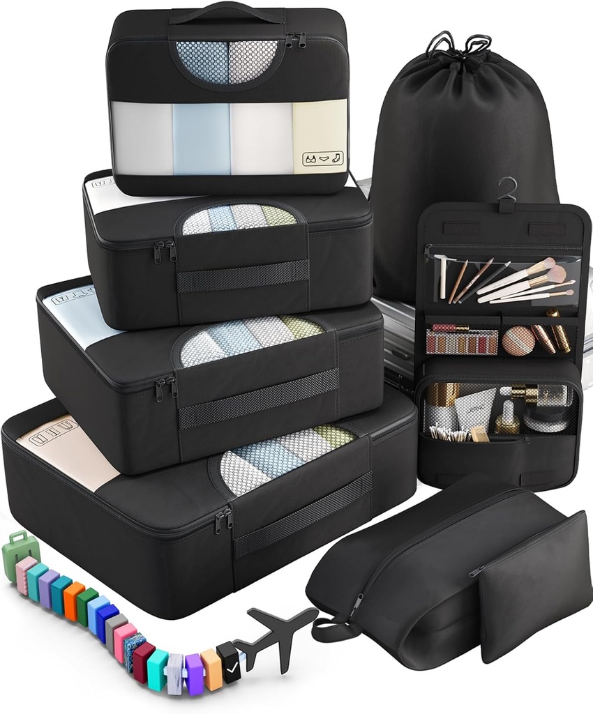 Veken 10 sett / 8 sett pakke kuber for reise Essentials, Suitcase Organizer Vesker i 4 størrelser, bære-på bagasje tilbehør med store vaskeri og toaletter veske, må ha for fly, veitur og camping