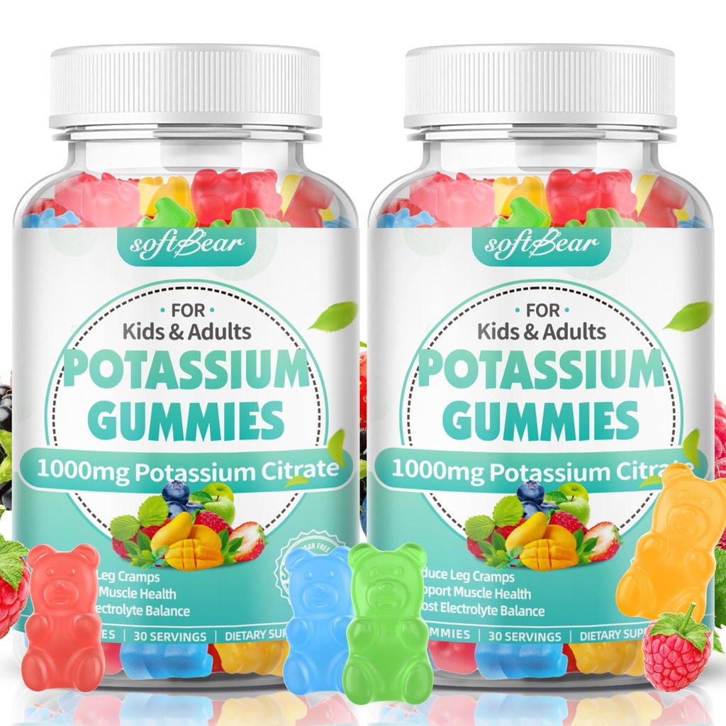 mykbear Kalium Citrate Gummies, høy potens Kalium Citrate 1000mg støtter ben krummer og muskel helse Kalium Gummier for voksne og barn blandet frukt Flavor 120 greve