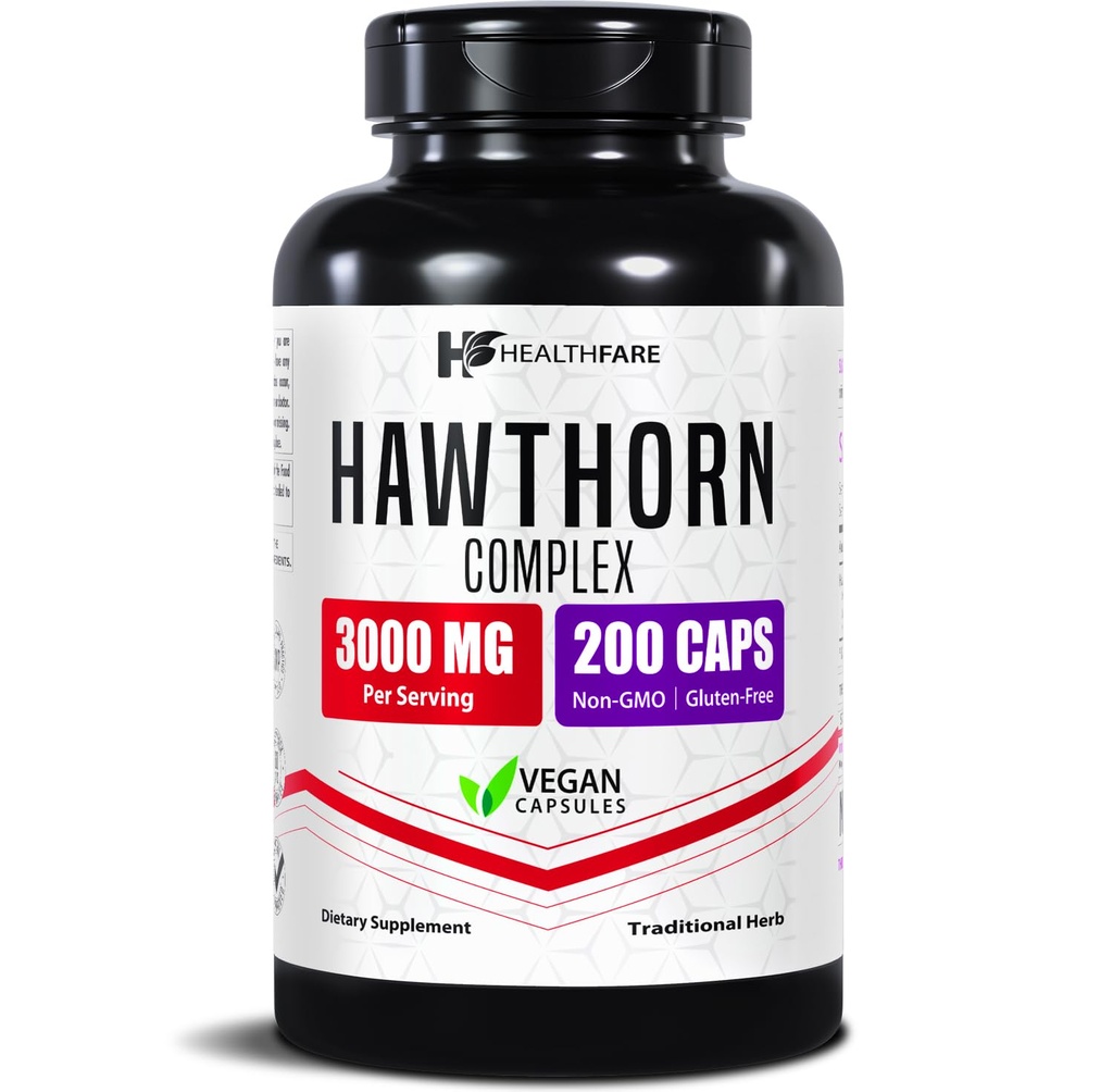 Healthfare Hawthorn Berry Supplement Ekstrak 3 000mg Extra Styrke Herbal formel | 200 Vegan Capsules | Støtter hjerte & sirkulatorisk helse | Ikke-GMO, Glutenfri | laget i USA