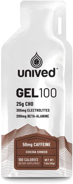 Unived Gel 100 - Vegan Energy Gel for Endurance Athlets Runners & Cyclists - 100kcal - Cocoa Choco - 50mg Koffein - Pakke med 6