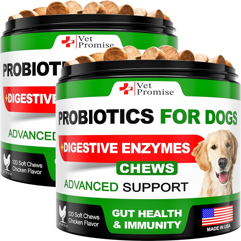 (2 Pack) Probiotika for hunder - Hundeprobiotika og digestive enzymer for gut helse, kløende hud, allergier, immunitet, Yest Balance - Prebiotika - Reduser diarrea, gass - 240 Probiotiske Chews for hunder