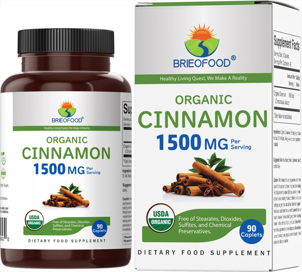 Brieofood organisk kanel 1500mg, 45 serveringer, vegetarisk, glutenfri, 90 vegetariske tabletter