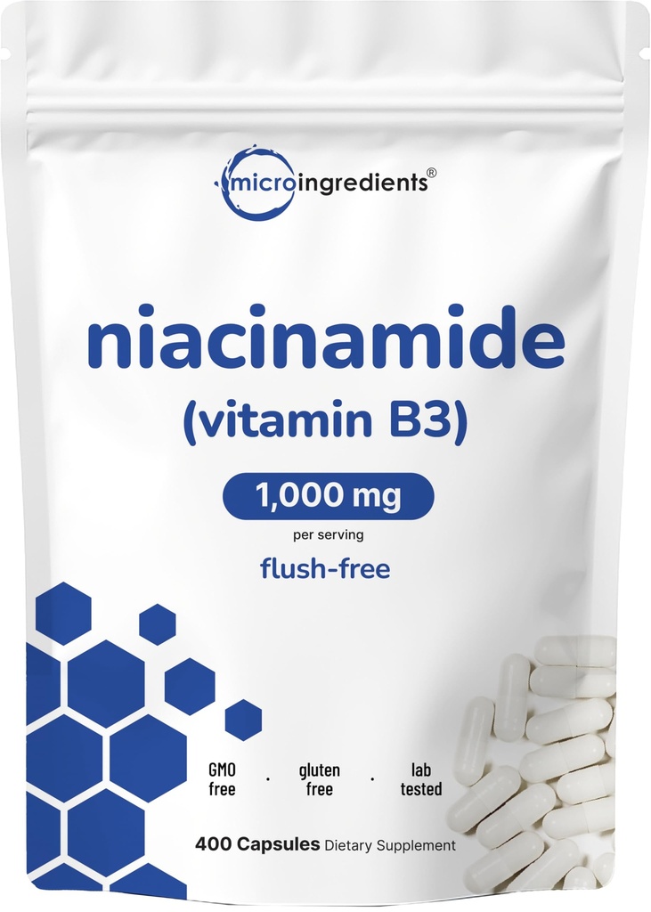 Vitamin B3 Niacinamide 500mg per kapsel, 400 kapsler | 1000mg Flush gratis niacin per servering, essensiell B vitamin Supplement | Hudpleie helse og energi støtte | Ikke-GMO, Glutenfri