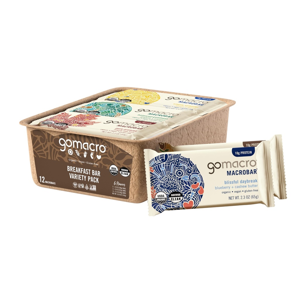 GoMacro Macrobar Økologisk Vegansk Protein Bars, Frokost Variety Pack, 12 greve