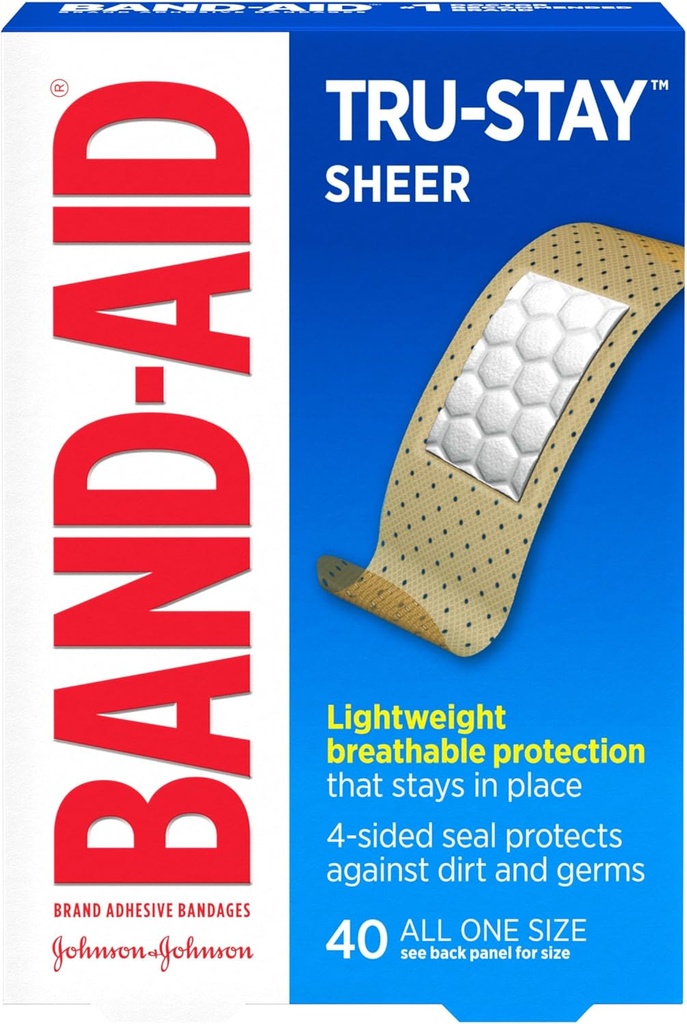 Band-Aid merke Tru-Stal Sheer Strips kleslige sterile bandages for førstehjelp og sår beskyttelse, individuelt innpakket sårpleie bandages for mindre kutt og skrap, alle én størrelse, 40 ct