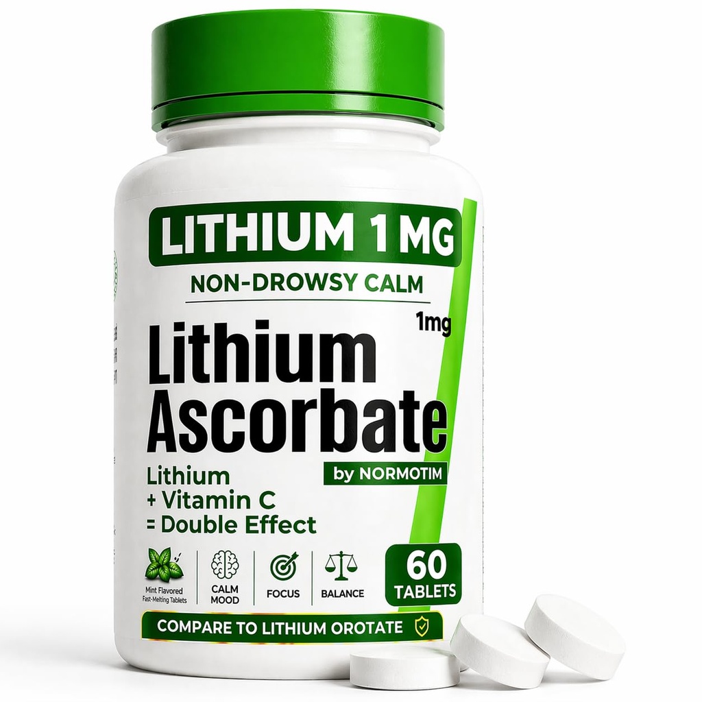 Litium Askorbate 1 mg – trygt alternativ til litiumorotat – mikrodose litium Supplement for humør, fokus og ro – vitamin C-støtte – 60 tabletter – laget i USA