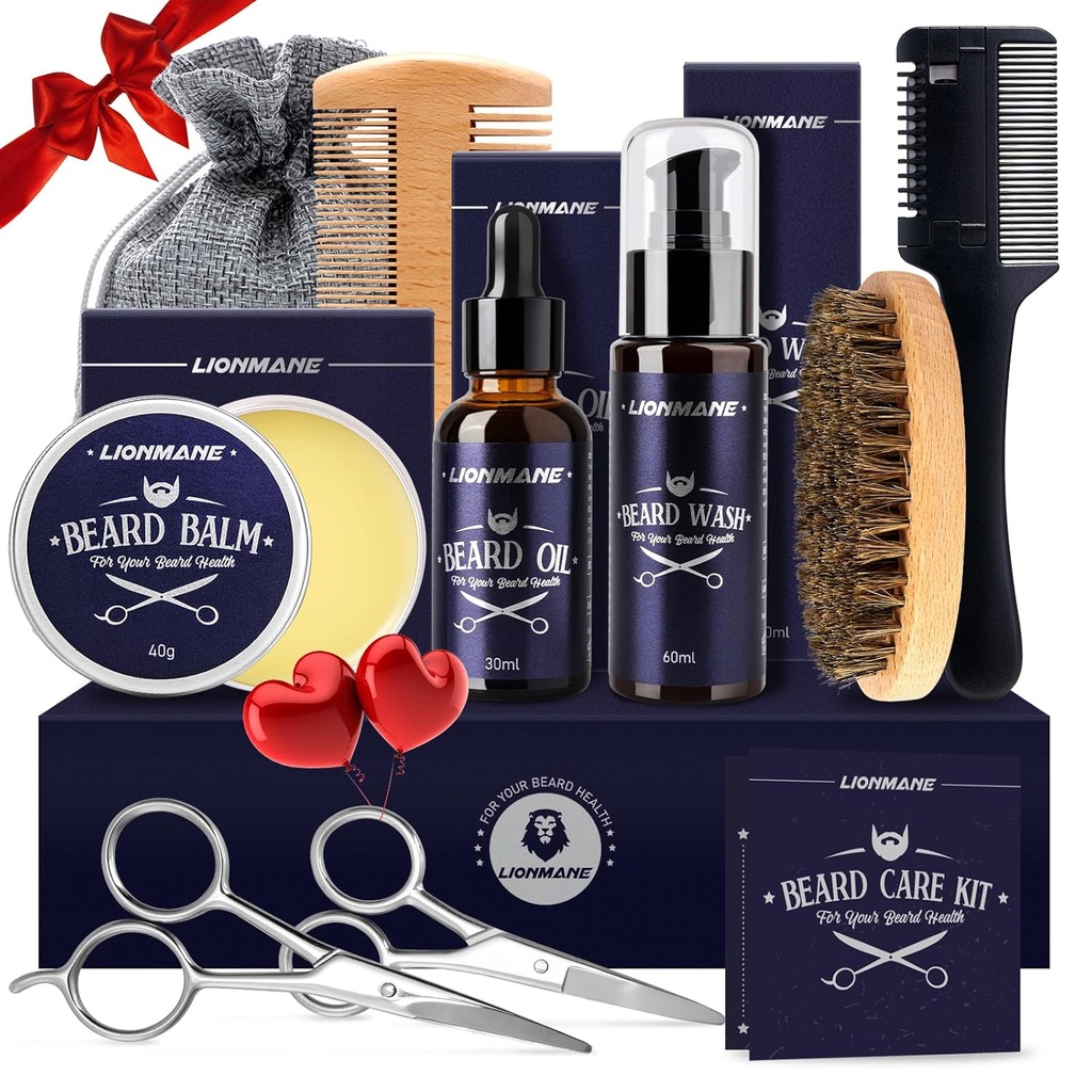Lionmane Beard Care Julegaver Kit for menn, Beard Mustache Grooming Kit-Beard Balm, Skjeggvask, Beard Olje, Pensel, Saksors, Fødselsdag Thanksgiving Gaver til ektemann / Boyfriend / Dad / Him