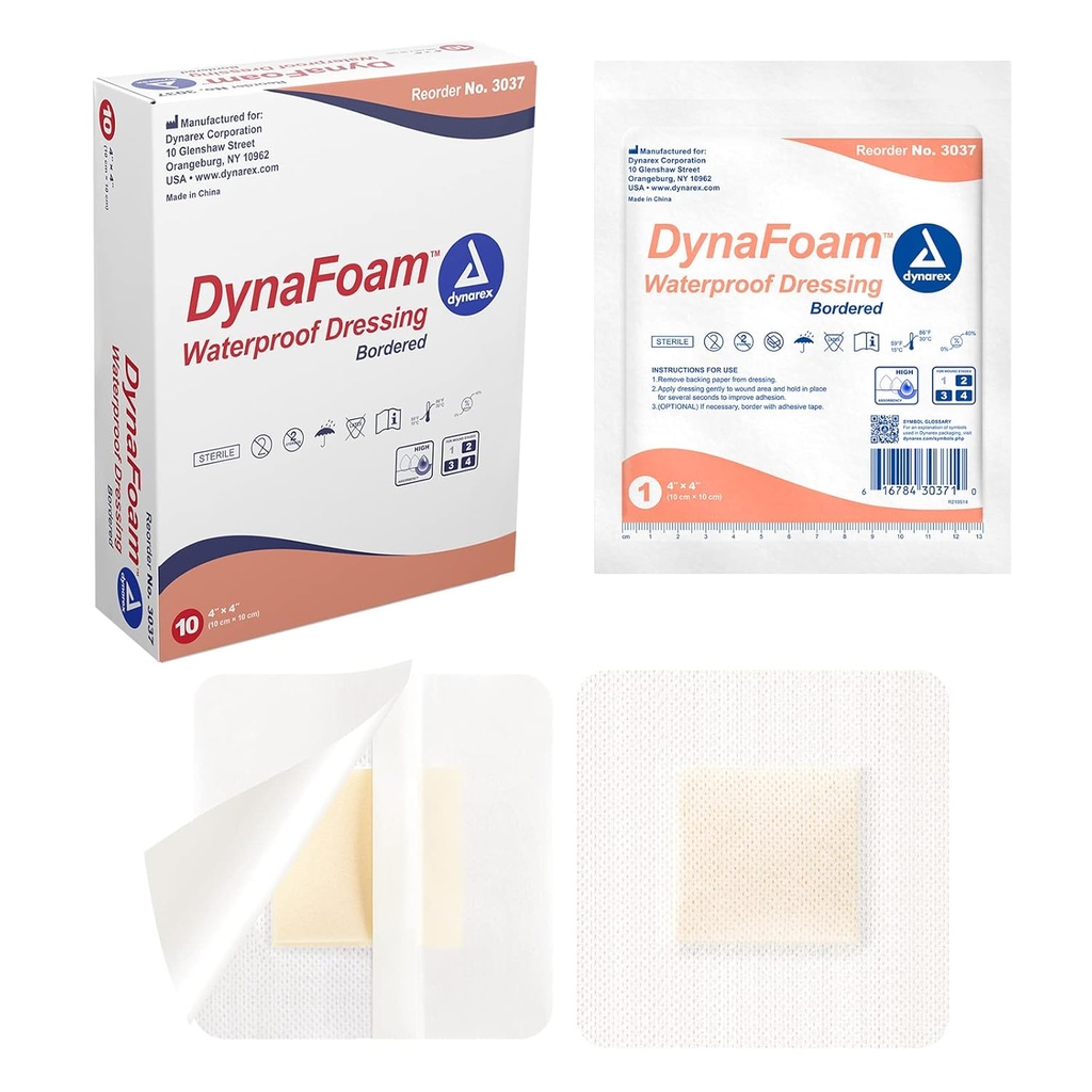 Dynarex Dynafoam Vanntett Bordered Foam Sår Dressing Bandage, 4" x 4", 10