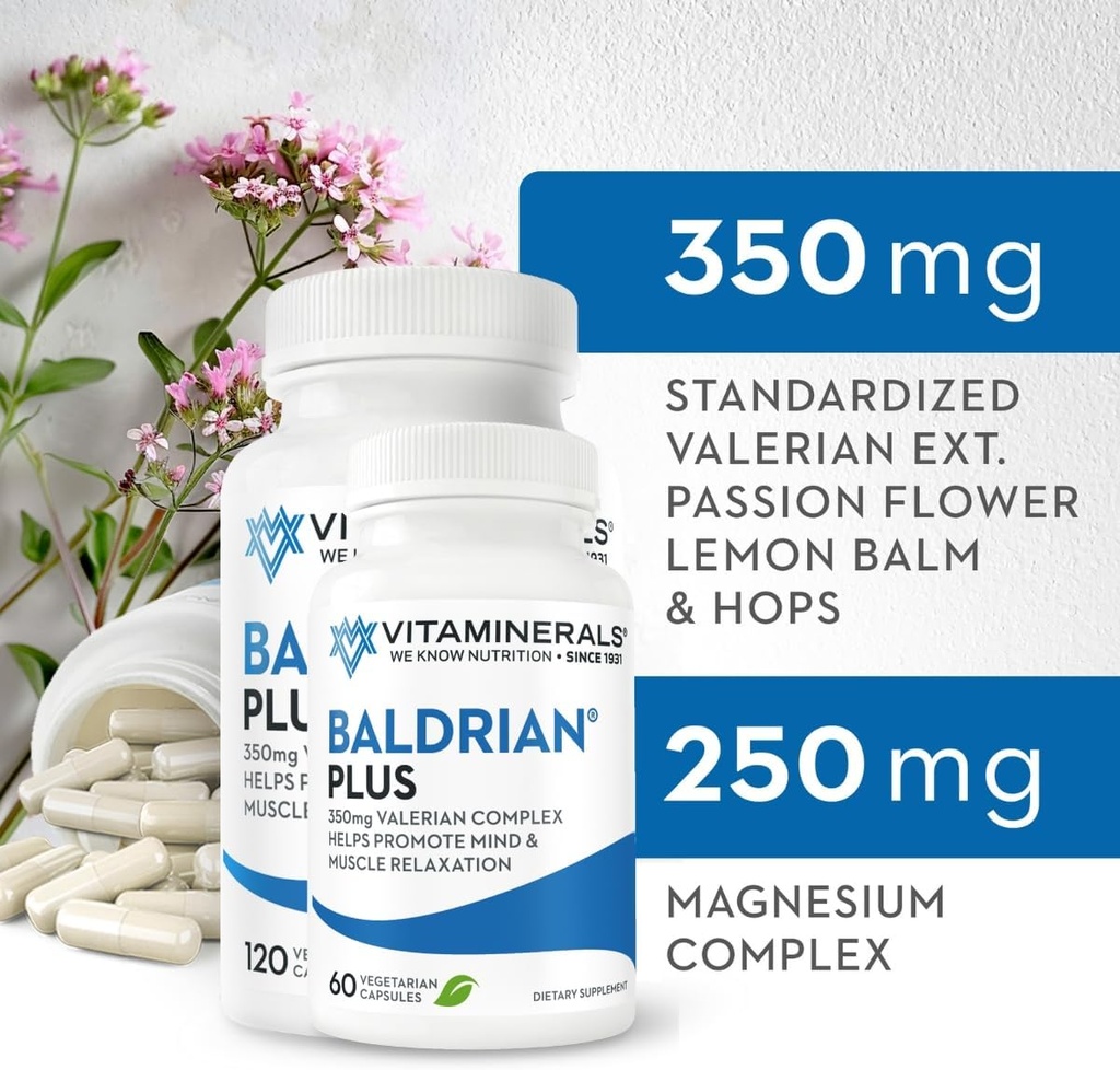 Vitaminer 33+ Baldrian® Plus naturlig avslappende støtte Standardisert Valerian ekstrakt (60)