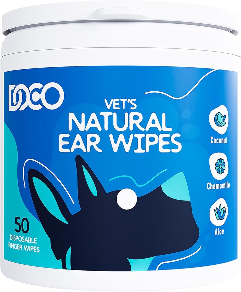 DOCO Hund Øre Rengjøringssett for hunder og katter Eucalyptus, Kamille & Aloe Cat ørerense sotter, deodorizes og hjelper kløende ører (50 teller)