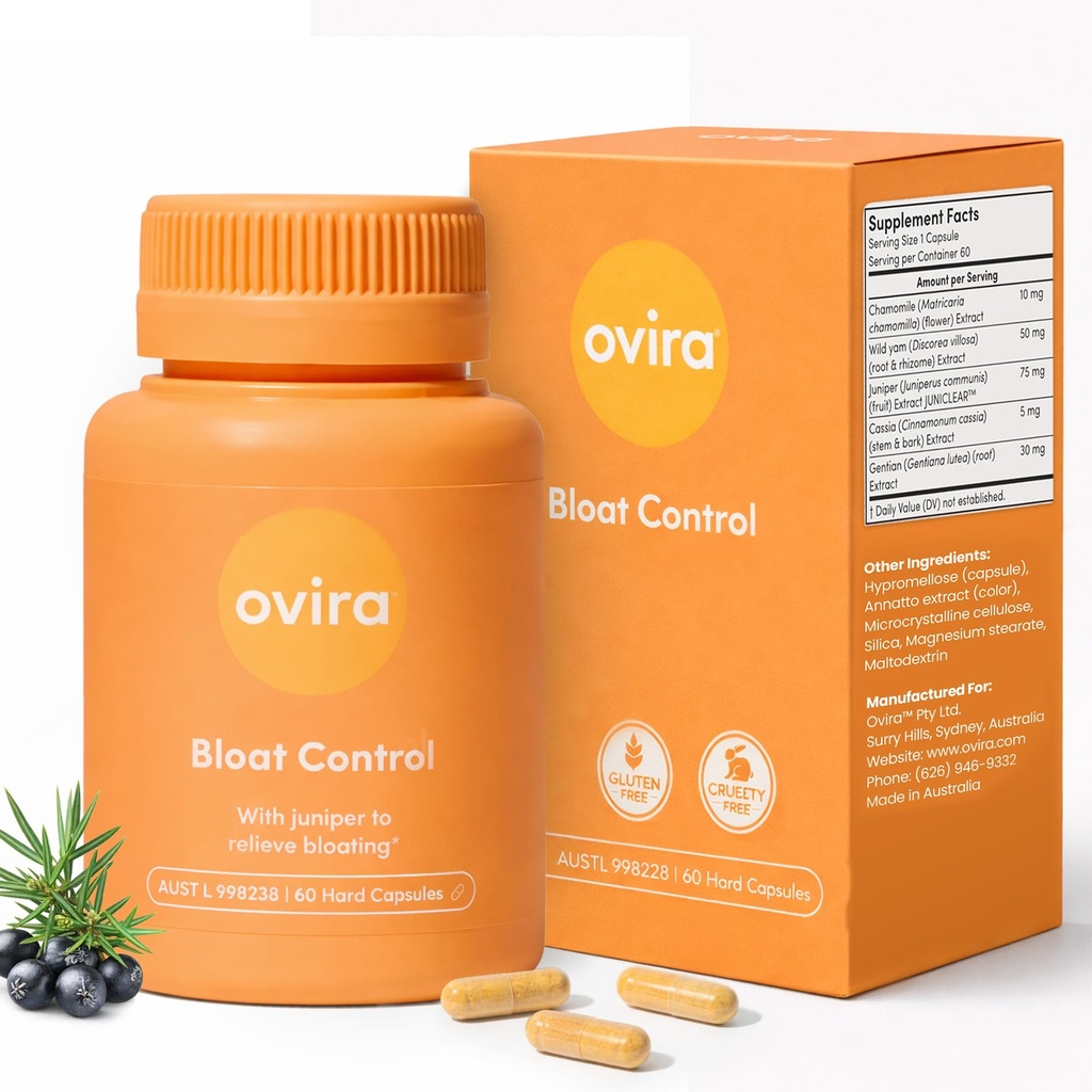 Ovira Bloat Control Supplement med JUNICLEAR - 60 kapsler for gass og blooting relief | Effektiv oppblåsing for kvinner og menn | Hjelper vanntetthet og fremmer Digestiv helse - Pakke med 1