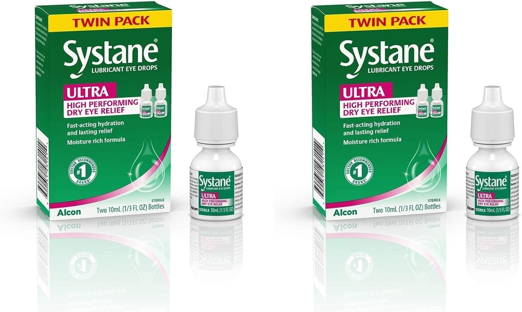 Systane Ultra Lubricant Øyedråper, kunstige tårer for tørr øye, Twin Pack, 10 ml hver (pakke med 2)