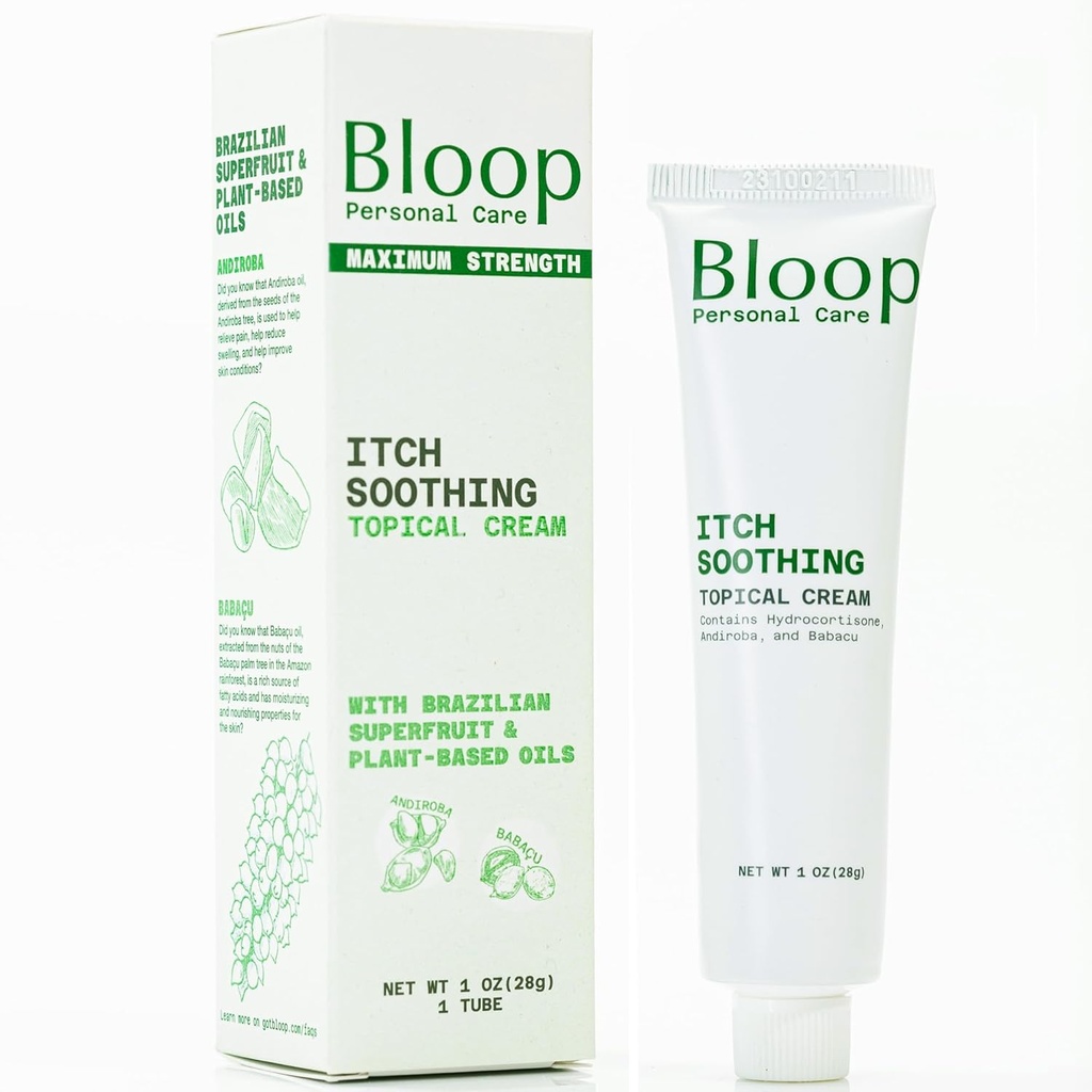 Bloop Anorectal Itch Soothing Cream med Hydrokortison, Andiroba/Babacu oljer Max. Styrke for rask kløe relief og kjøling (1oz)