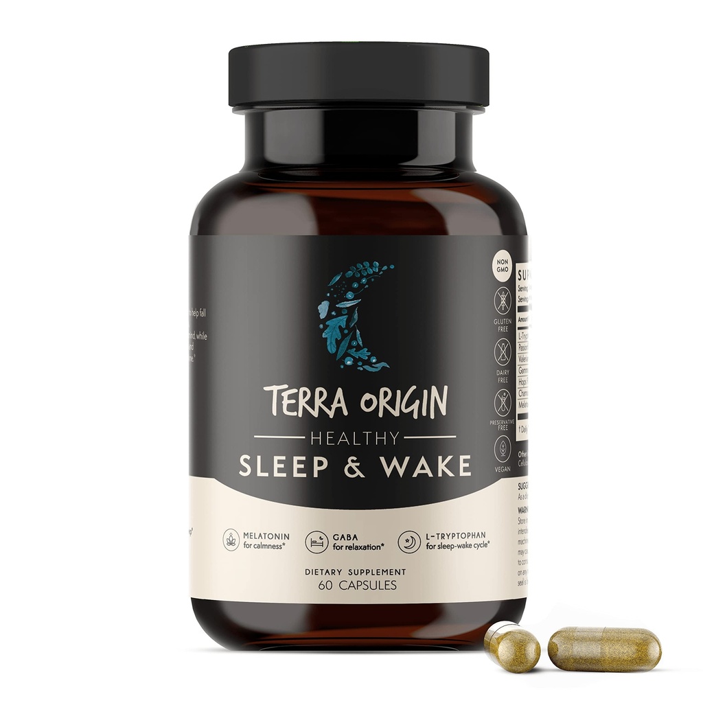 TERRA ORIGINA Sunn Sleep & Wake | Naturlig søvnhjelp Supplement for voksne | Restful and Awake Forfriskende | GABA, L-Tryptofan, Melatonin, Kamille, Valerian, PassionFlower | 60 Kapsler