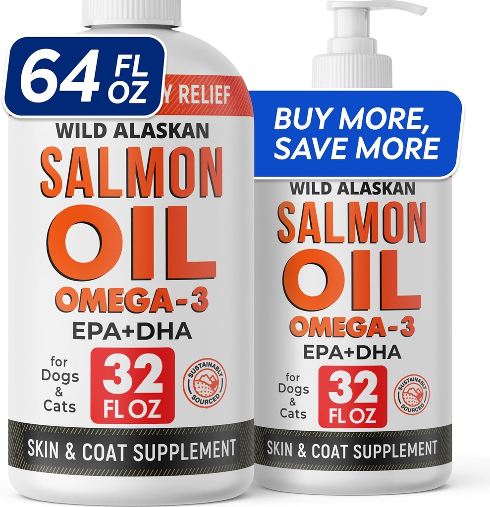 StrellaLab 64 OZ Salmonolje for hunder - Omega 3 for hunder og katter, kløe og allergi relief, Wild Alaskan Salmon Olje Hunder Hud & Coat, Hunde fisk olje væske, shedding Supplement EPA & DHA fettsyrer - 2Packs
