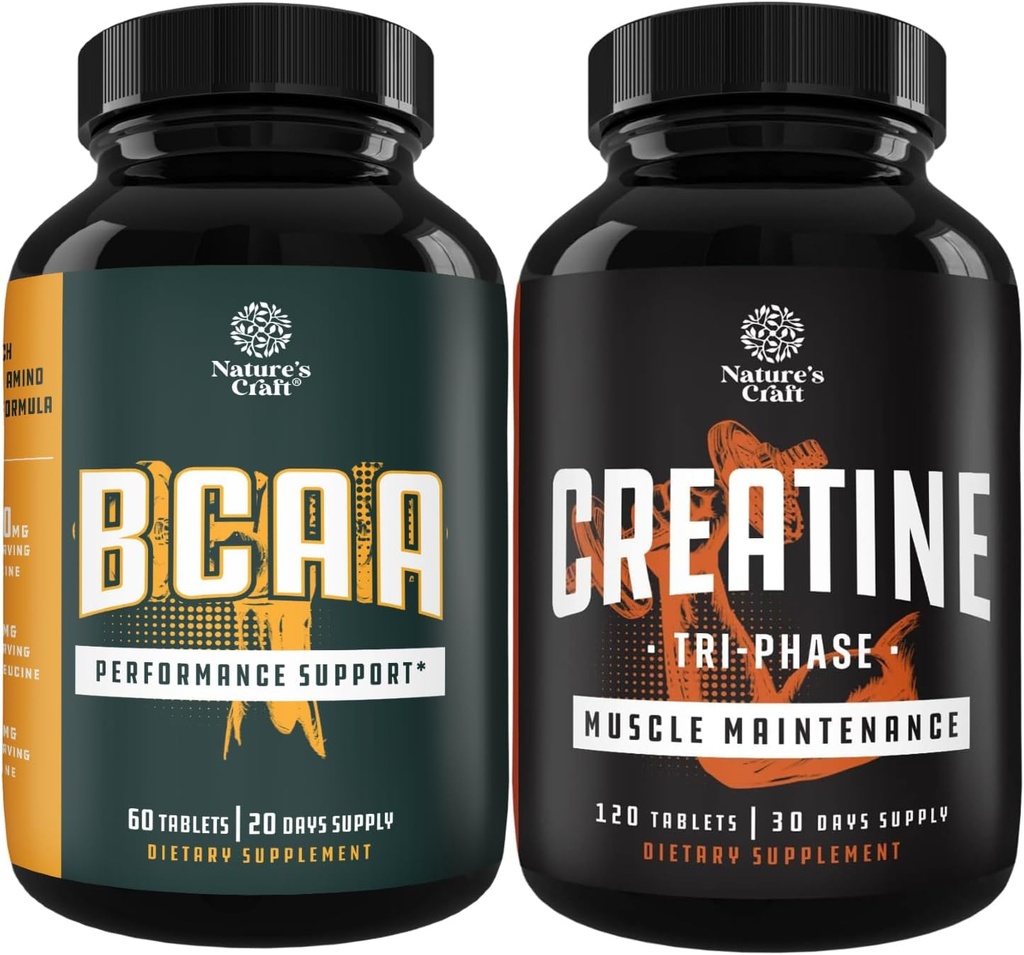 Bundle av Branch Chain Aminosyrer Supplement og høy styrke Tri Phase Creatine Piller - Vegansk BCAA Kapsler Post Trening Muskel Recovery og vekst støtte - Muskelmasse gevinst og muskel gjenoppretting