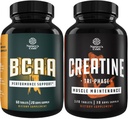 Bundle av Branch Chain Aminosyrer Supplement og høy styrke Tri Phase Creatine Piller - Vegansk BCAA Kapsler Post Trening Muskel Recovery og vekst støtte - Muskelmasse gevinst og muskel gjenoppretting
