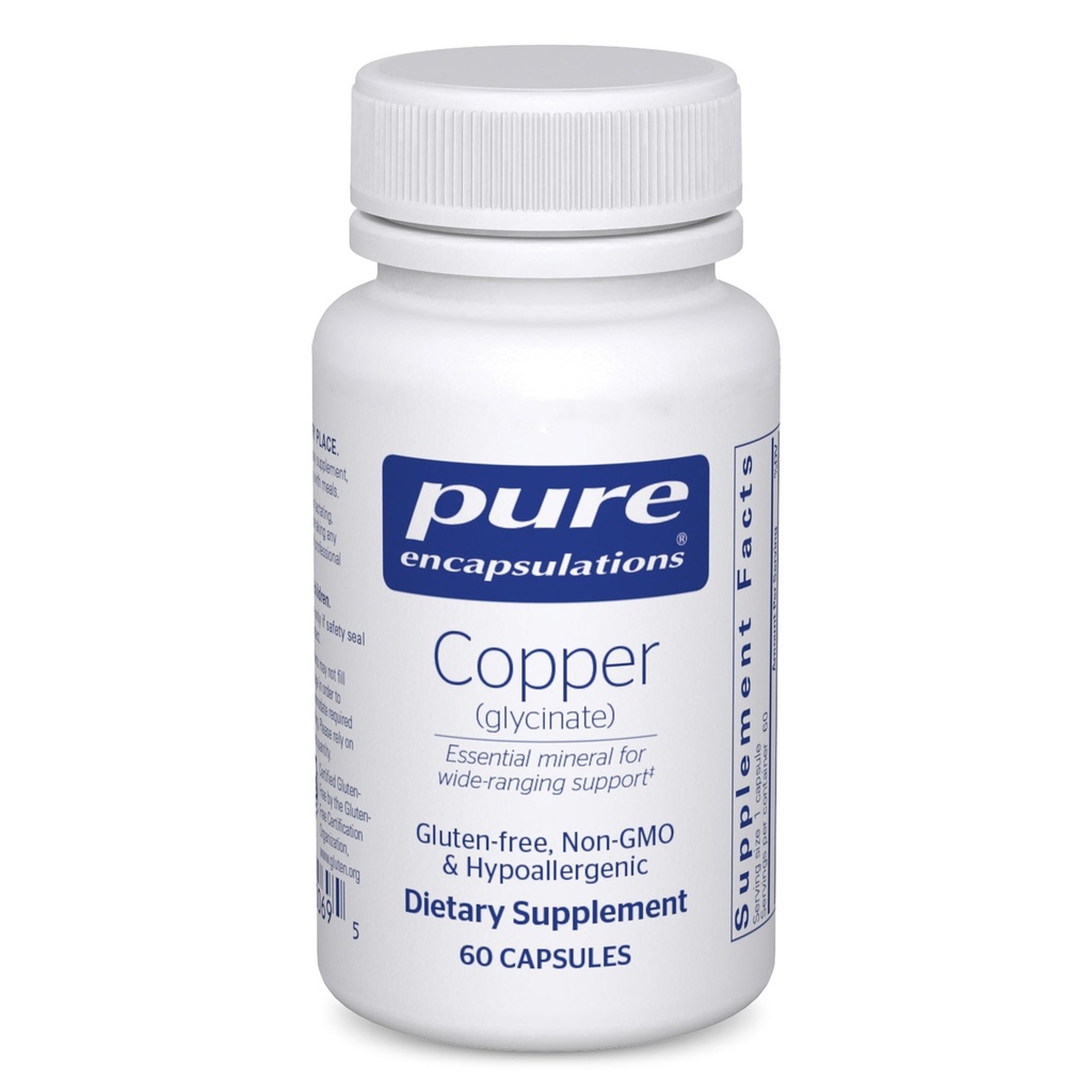 Pure Enkapslinger Kobber Glycinate 60's - 2 mg Kobber Supplement, støtter rød blodcelleformasjon* - Bidrar Energimetabolisme - Ikke-GMO & Vegan - 60 kapsler