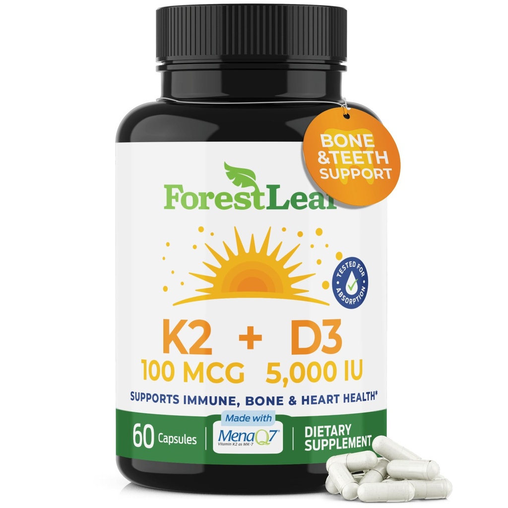 ForestLeaf Vitamin D3 + K2 (MK7) Supplement - MenaQ7 - Kalsium og vitamin D3 5000 IU Max Absorpsjon - Tand- og beinstyrke, hjertehelse, immunsystemstøtte - 60 Veggie Kapsler