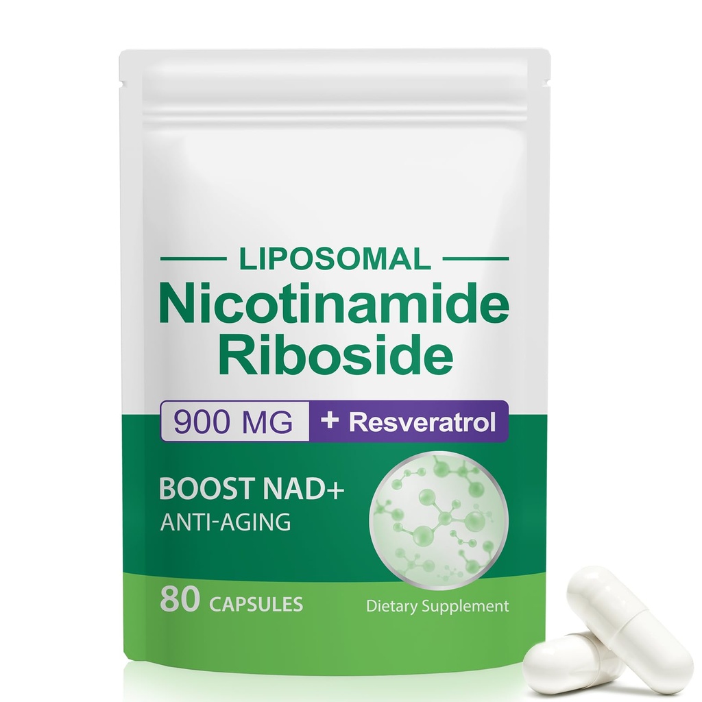 NAD Supplement, NAD + Nikotinamid Riboside Resveratrol 900mg, Kosttilskudd for sunn cellefunksjon, NAD + Drivstoff Cellular Defense og aktiverer anti-aldring Genes 80 kapsler