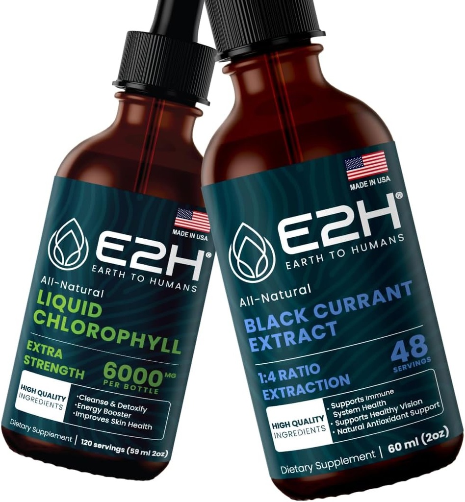 E2H: Flytende klorofyll og naturlig svart currant ekstrakt | Vegan, ikke-GMO - 2 fl Oz hver (4 fl Oz totalt) - Bundle