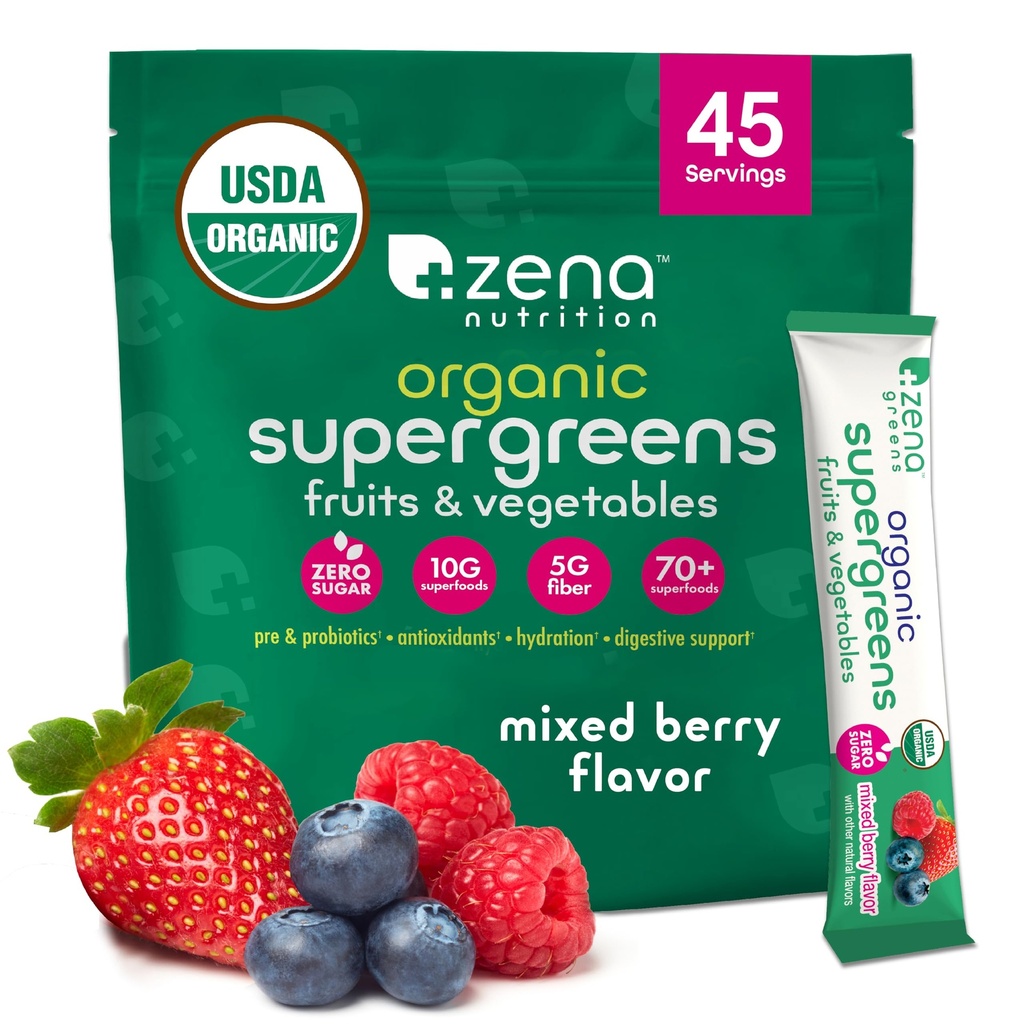 Zena Nutrition Organic Super Greens pulver, 70+ Superfoods, 0 Sukker, 5G Fiber, Spirulina, Klorella, Antioksidanter, Prebiotika/Probiotika, Digestive Enzymer, Blandet Berry, 45 Drikkemiks pakker